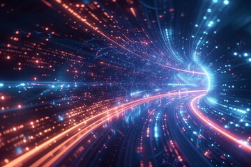 A digital tunnel with bright blue and orange lights creates a sense of movement, surrounded by swirling data streams in an expansive futuristic setting.