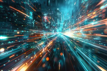 Obraz premium A lively urban environment features vivid light streaks and colorful patterns, capturing the essence of a bustling city at night filled with energy and movement.
