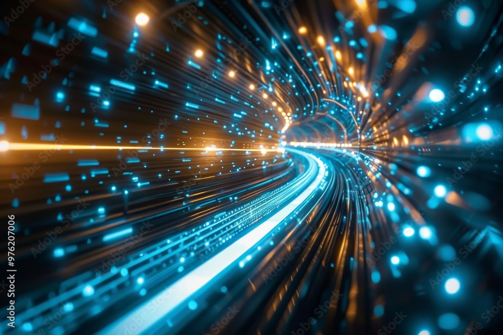 Poster vibrant light trails and glowing particles extend through a futuristic tunnel, creating a sense of m