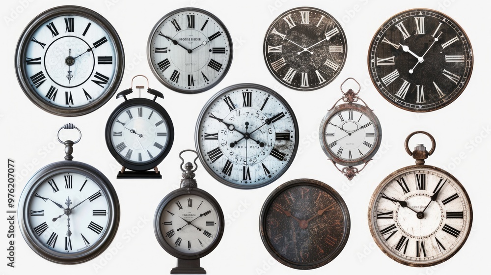 Poster a close-up of multiple clocks on a wall, great for time-related themes or nostalgic designs