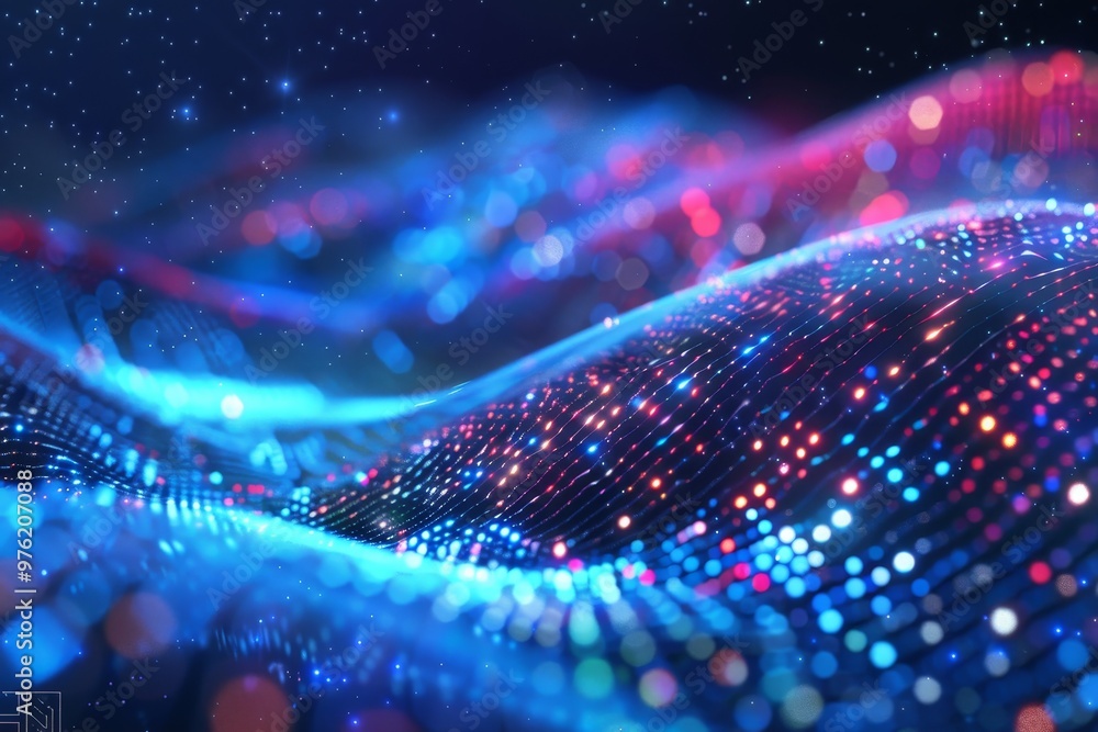 Poster a vibrant display of colorful lights forms undulating waves in a cosmic space at night, creating an 