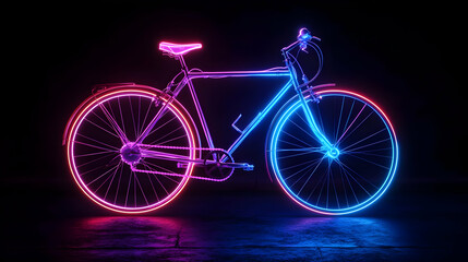 Fototapeta premium A vibrant neon bicycle glowing with pink and blue lights against a dark backdrop, perfect for modern art and lifestyle themes.