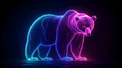 A vibrant neon bear silhouette glowing in blue and pink against a dark background, symbolizing strength and creativity.