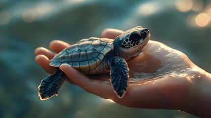A close-up view of a baby turtle being held gently in a person's hand, showcasing nature's beauty and conservation efforts.