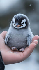 Cute penguin chick being held gently in a hand, showcasing its fluffy feathers and adorable expression against a snowy backdrop.