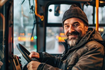 A person with a beard is at the wheel of a vehicle, identified as a bus