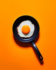 Bright sunny-side-up egg in a blue pan on a vibrant orange background showcasing minimalist style