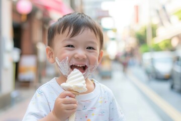 Small boy's happiness is evident he savors his food. Picture shows small boy short hair enjoying delicious meal happily. Innocence captured joyful mealtime.