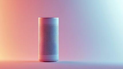  Minimalist smart speaker illuminated with blue and orange lights, blending into contemporary surroundings, offering voice control and seamless tech integration.