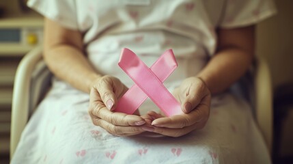 Older woman is holding a pink ribbon while sitting in a hospital bed