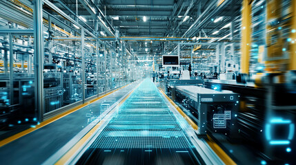 Cinematic shot of a high-tech manufacturing facility, featuring an automatic vision sensor camera system actively monitoring and optimizing production processes in an intelligent factory