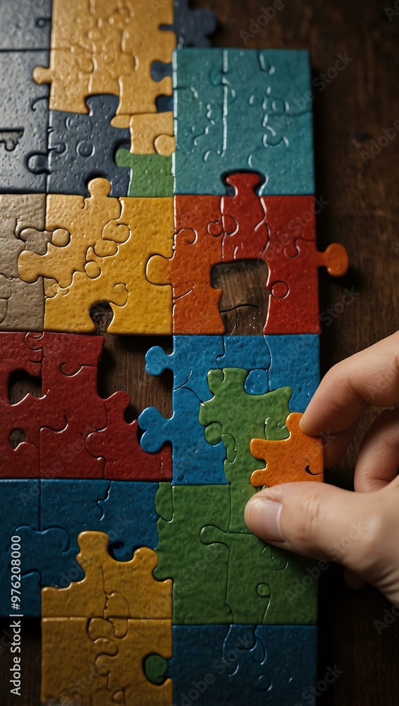 Poster solving a puzzle, placing the last piece to complete the image.