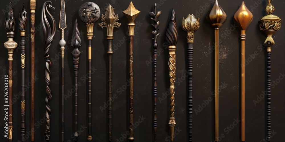 Poster Assortment of firearms and equipment displayed on a wall, ideal for use in editorial or educational contexts