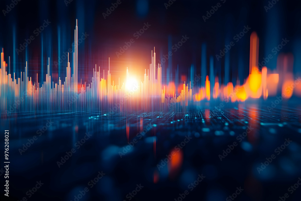 Poster vibrant digital visualization of sound waves, showcasing dynamic movement and colorful patterns in a