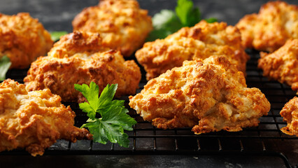 Homemade Cheddar Cheese Biscuits on a cooling rack