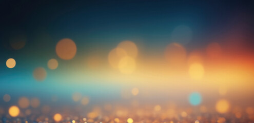 Blurred bokeh in golden warm shades with soft glow on blue background, muted tones. For Christmas and New Year design, festive backdrop, advertising, promotional content, digital art, social media