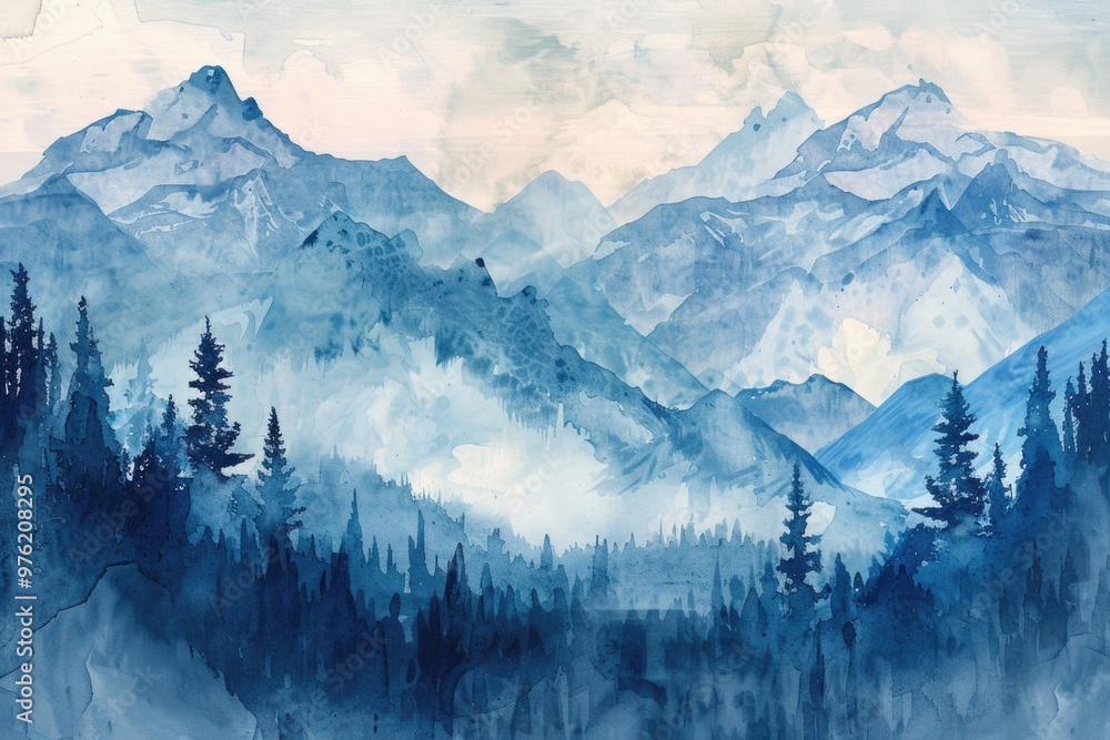 Poster a scenic view of a mountain range with dense forest and trees, suitable for travel or nature-related