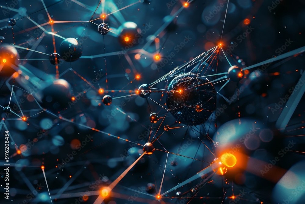 Poster a vivid display of interconnected particles floating in a dark space, illuminated by glowing orange 