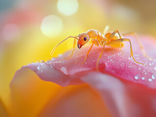 Close-up of a tiny yellow ant resting on a vibrant flower petal, showcasing intricate details and refreshing droplets.