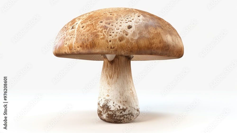 Poster a single mushroom growing on a white background, suitable for use in designs and presentations relat