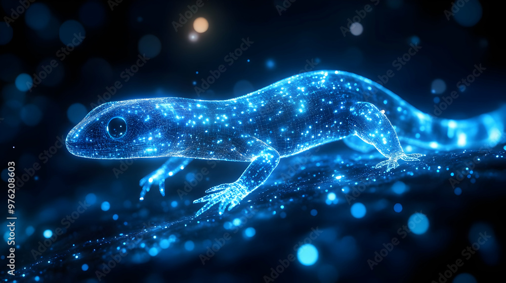 Poster a glowing blue lizard with sparkling details, set against a dark backdrop, creating a mesmerizing et