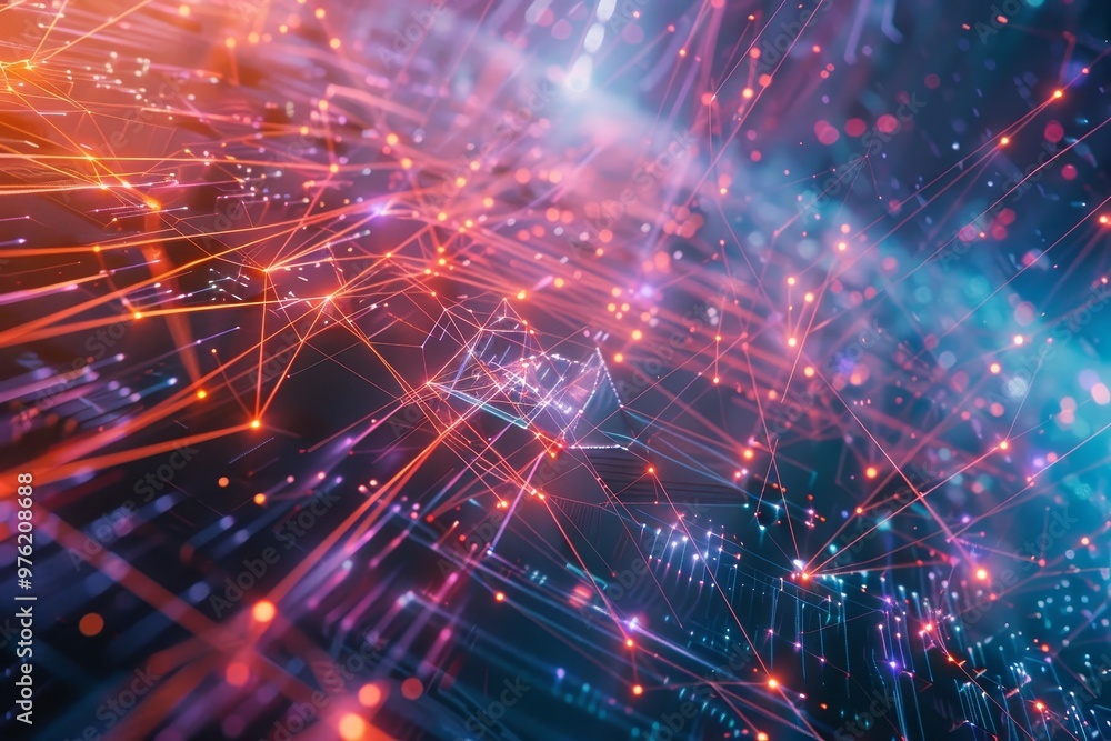 Poster a colorful arrangement of glowing lines and nodes creates an intricate digital network, conveying a 