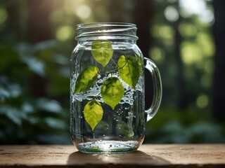 Sparkling water jar with green leaves, natural setting.