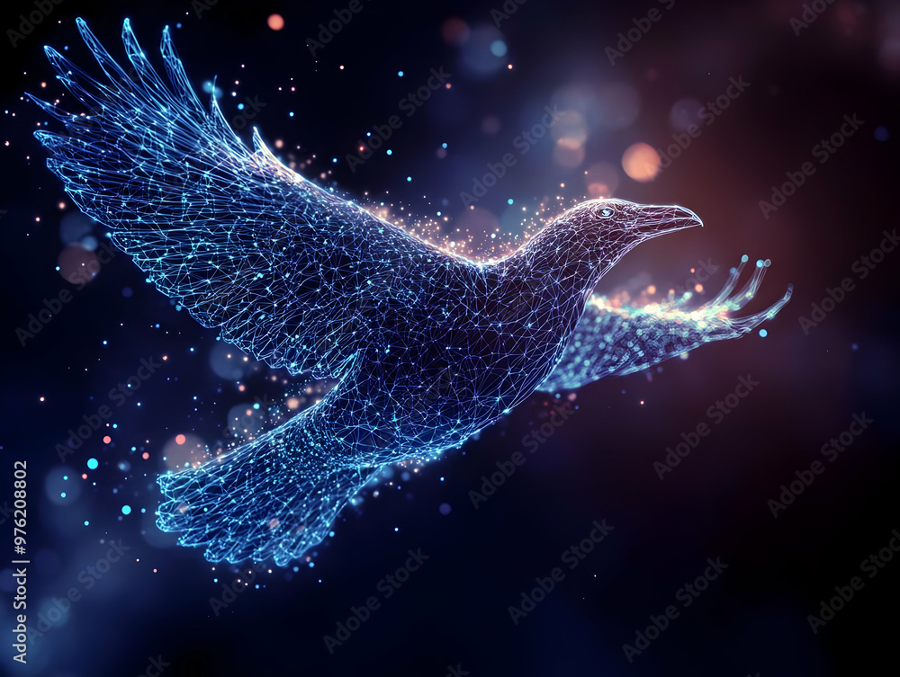 Poster a mesmerizing digital representation of a bird in flight, composed of sparkling particles against a 