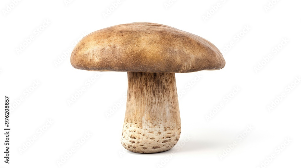 Poster a single mushroom sits on a plain white background, ideal for use in product or design displays