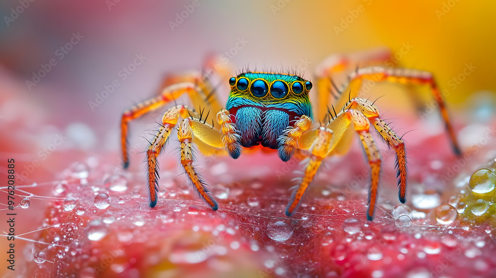 Poster Close-up of a vibrant spider with colorful patterns on a wet surface, showcasing its detailed features and surrounding drops of water.
