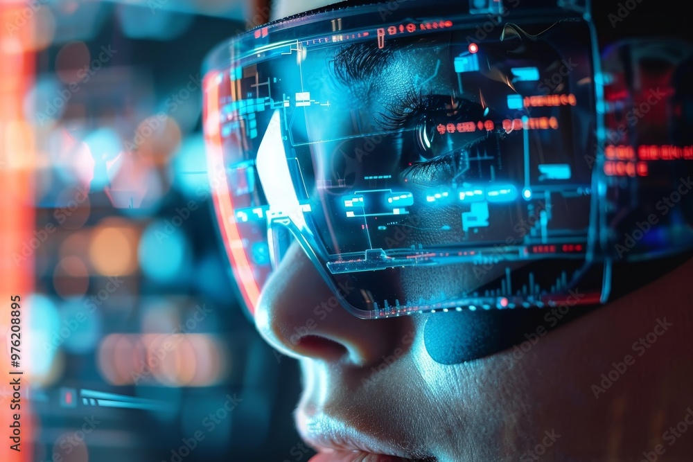 Poster a person examines a complex digital interface through advanced augmented reality glasses, immersed i