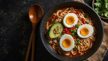 Spicy ramen soup with boiled eggs, top view.