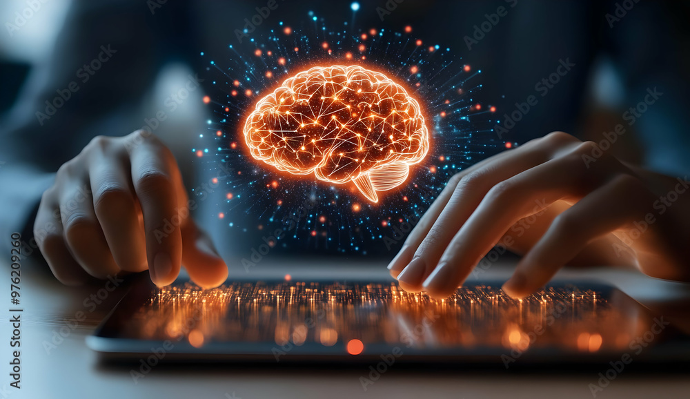 Poster a person interacts with technology while a digital brain illuminates the concept of artificial intel