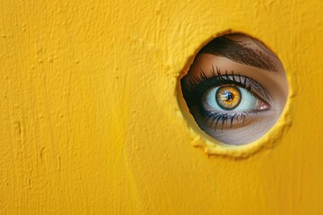 A person examining something behind a small opening in a bright yellow wall