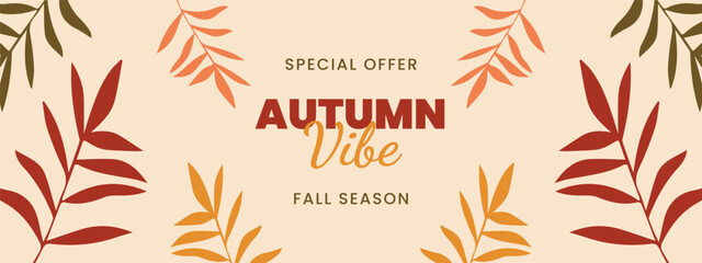 Vector fall banner. Autumn banner with sale ad lettering text composition and colorful fall leaves on beige background. Beautiful autumn background with different leaves. Fall foliage decoration.