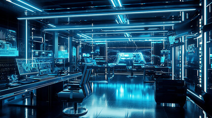 Cinematic view of a futuristic robotics lab, glowing blue lights, sharp reflections on metal surfaces, ultra-detailed