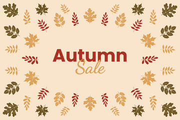 Vector fall banner. Autumn banner with sale ad lettering text composition and colorful fall leaves on beige background with different leaves. Leaves decoration banner. Fall foliage decoration.