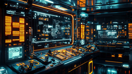 Naklejka premium Cinematic view of a futuristic robotics lab, glowing control panels, hyper-detailed realism