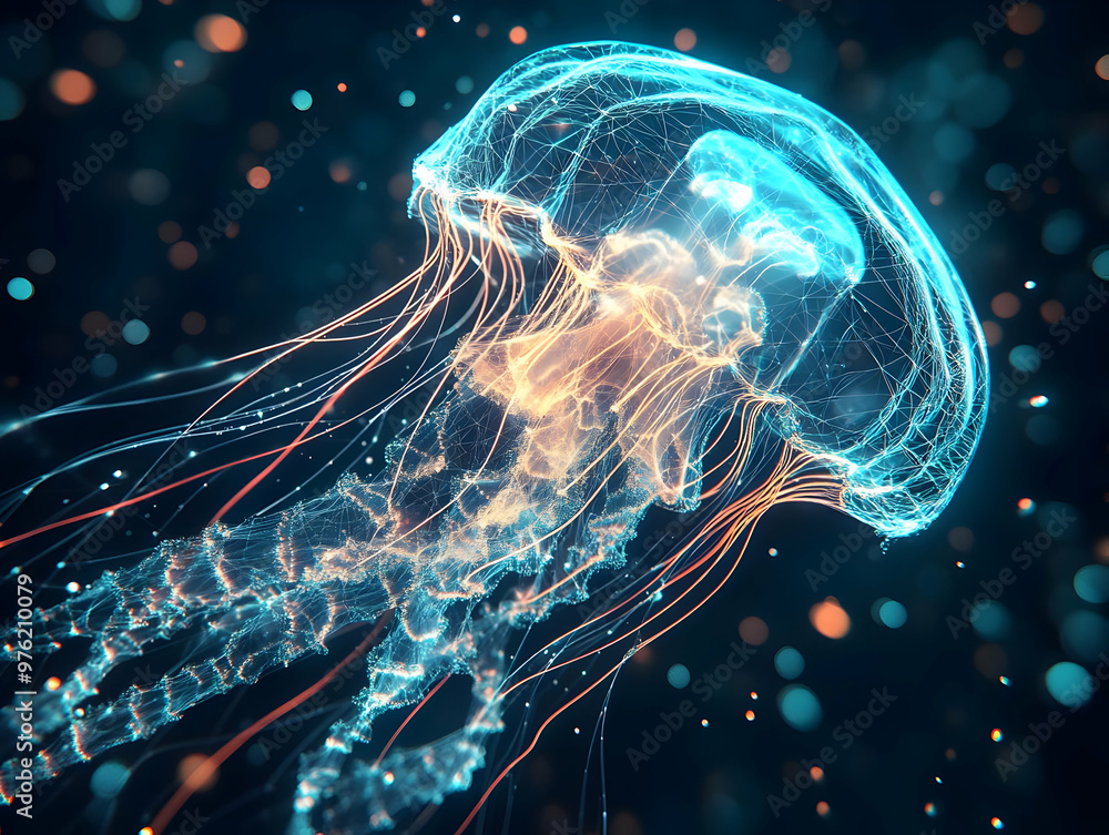 Poster Mesmerizing jellyfish floating gracefully in a vibrant underwater world filled with glowing particles.