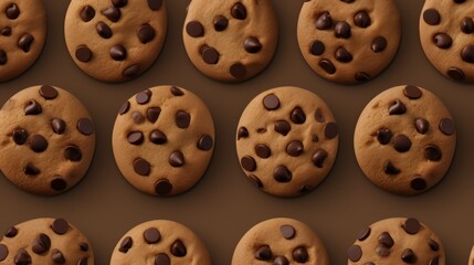 Chocolate chip cookies with melting chocolate, top shot on brown paper. Neural network ai generated art