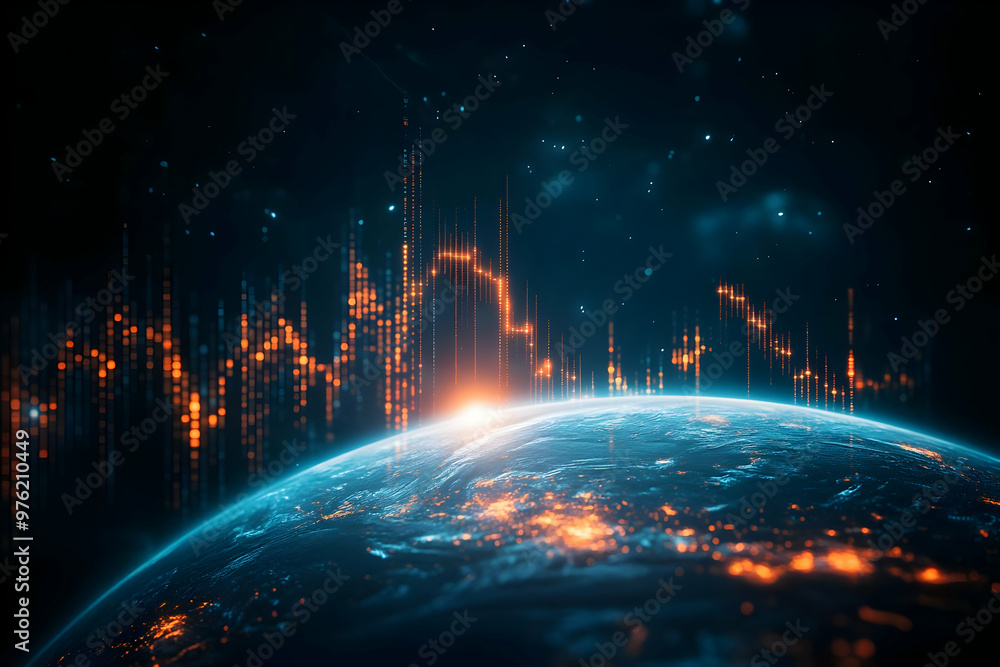 Poster a stunning view of earth from space, illuminated by vibrant lights and digital data streams, symboli