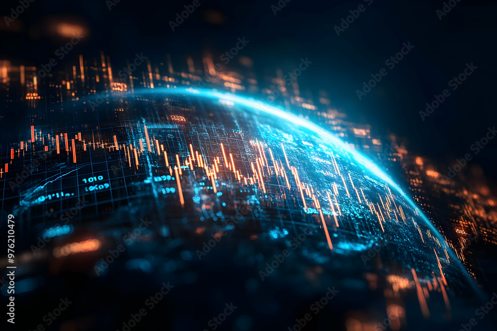 Poster futuristic digital landscape showcasing a vibrant globe with data streams and glowing elements, repr