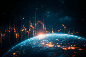 A stunning view of Earth from space, illuminated by vibrant lights and digital data streams, symbolizing technology and connectivity.
