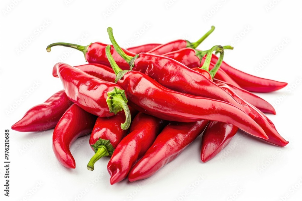 Poster a close-up view of a pile of vibrant red hot peppers on a white background, perfect for use in food-