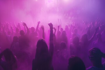 Fototapeta premium A group of people gathered in front of a bright purple light, a moment of unity and contemplation