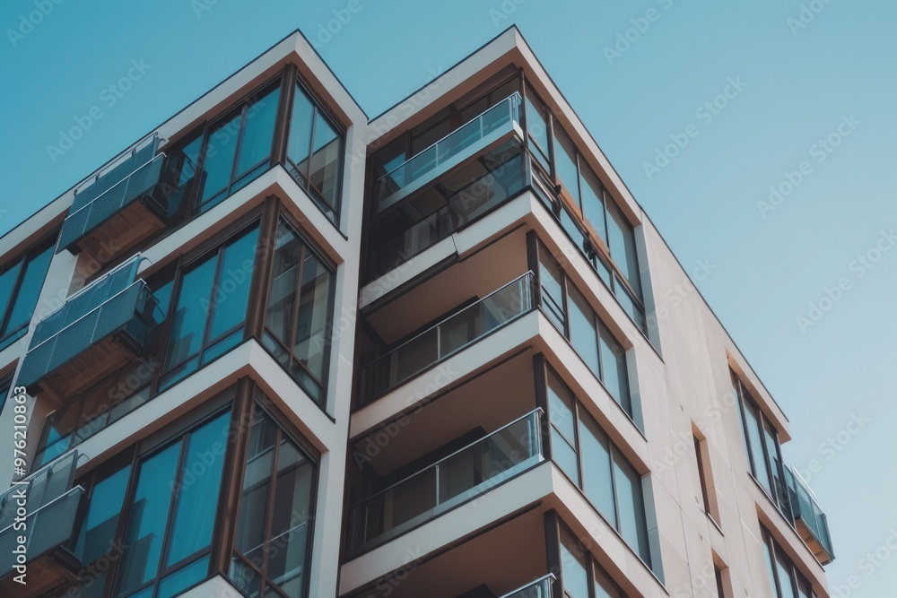 Poster tall structure with many windows and balconies, suitable for architecture or urban landscape images