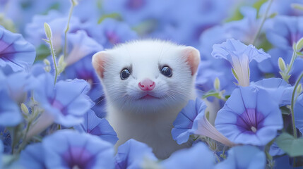 A cute white ferret peeking through vibrant blue flowers, capturing the essence of nature's beauty and playful wildlife.