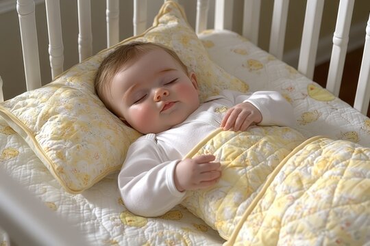 a baby laying in a crib with a yellow blanket
