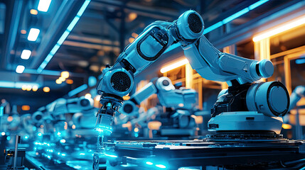 Cinematic view of robots assembling components in a high-tech environment, glowing blue lights