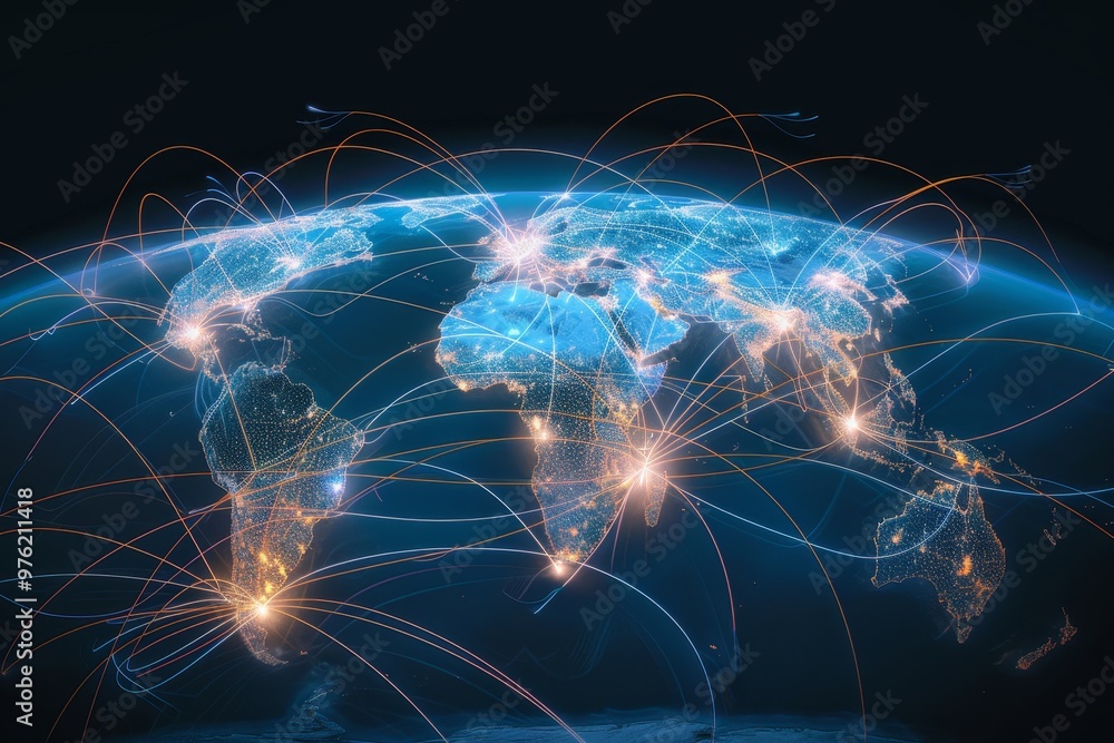 Poster a visual representation of worldwide digital connections shows illuminated cities across continents 